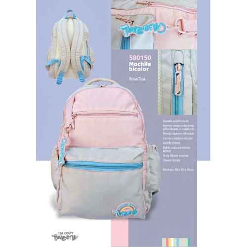 MOCHILA TWEENY POLYESTER 18¨ BICOLOR ROSA TIZA