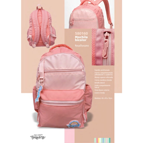 MOCHILA TWEENY POLYESTER 18¨ BICOLOR DURAZNO